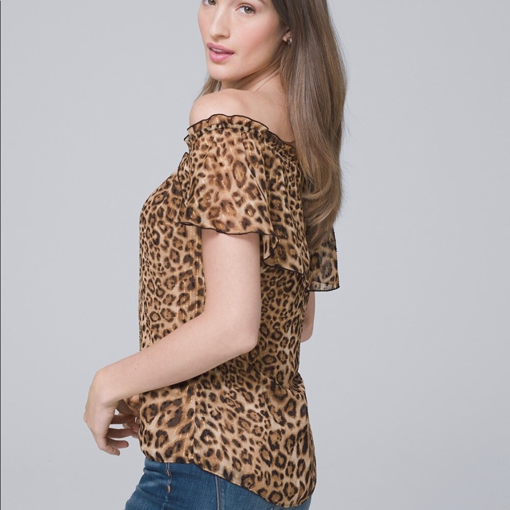 White House Black Market Off shoulder metallic leopard top